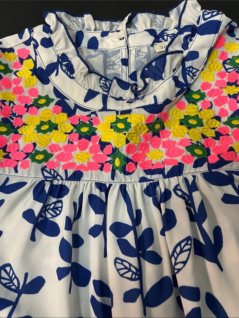 JODIFL White Blouse with Navy Blue Leaf Print and Neon Embroidered Yoke Sz S - Picture 9 of 9